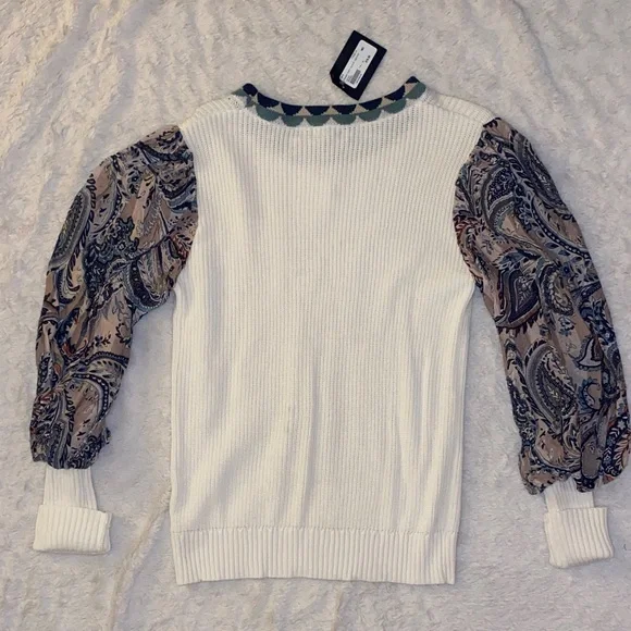 NWT Fate White Sweater with Multi-Color Paisley Statement Sleeves - Picture 6 of 6